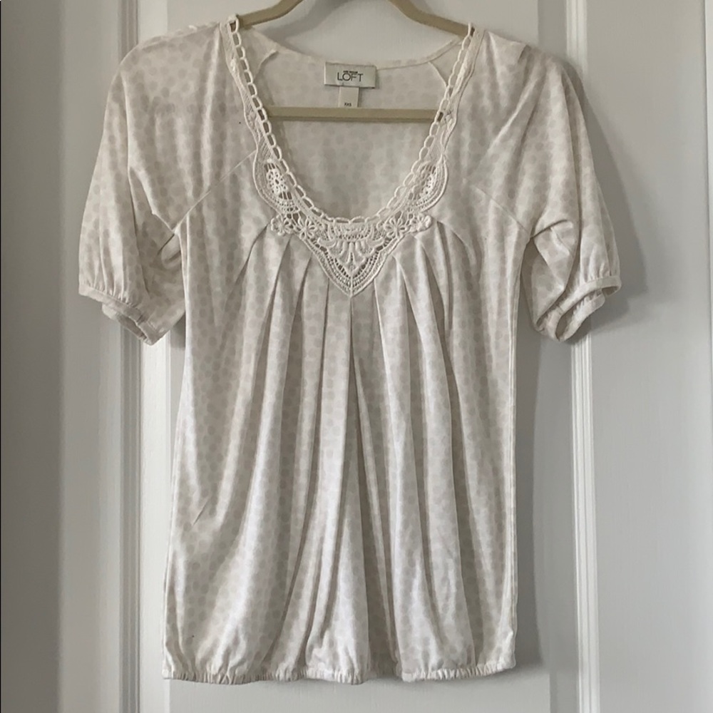LOFT White Crochet Polka Dot Burnout Short Sleeves Top Size XXS
